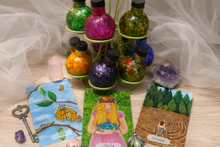 Colorful bottles, tarot cards, crystals, and a key on a wooden surface.