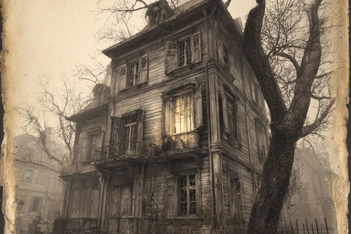 A dilapidated, tall Victorian house with leafless trees, exuding a spooky, vintage vibe.