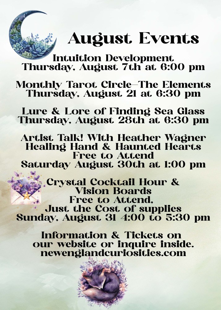 August events flyer with a crescent moon, floral decorations, and information about workshops and talks.