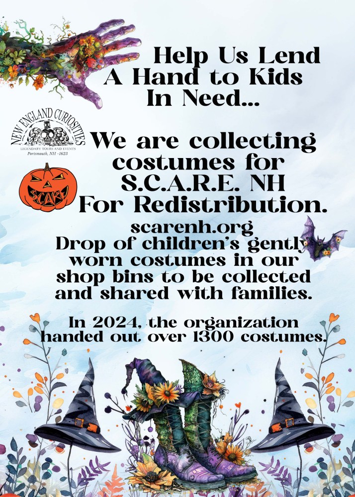 Costume collection flyer with witch hats, boots, and Halloween theme.