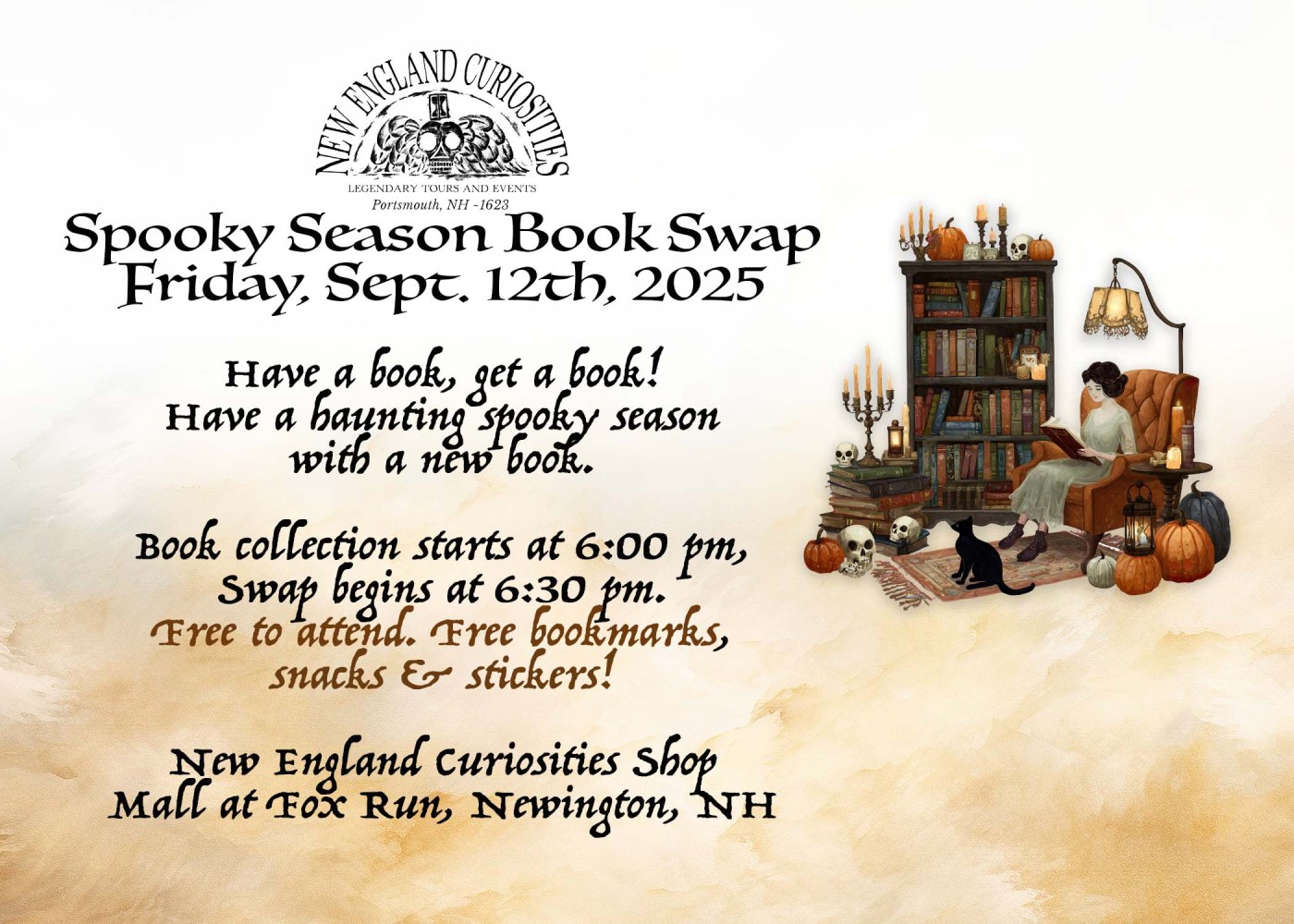 Spooky Season Book Swap event poster with woman reading near books, candles, skulls, and a black cat.
