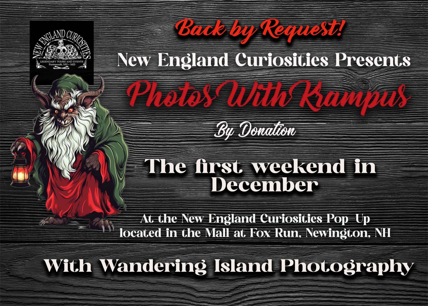Event poster for Photos With Krampus by New England Curiosities in December.