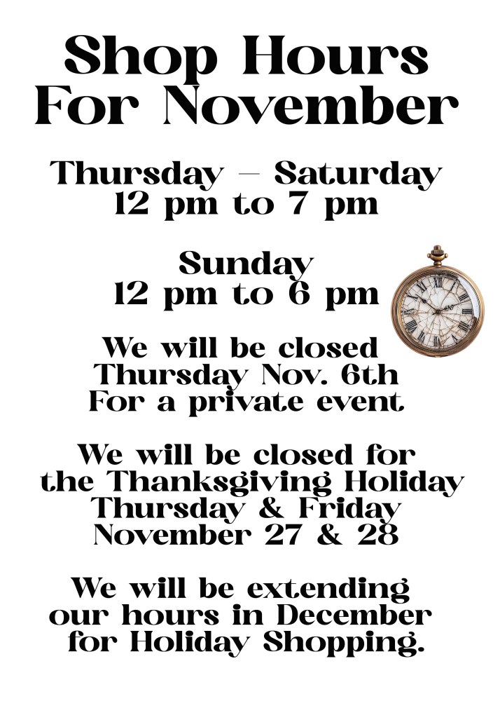 Shop hours for November with holiday closures and a clock image.