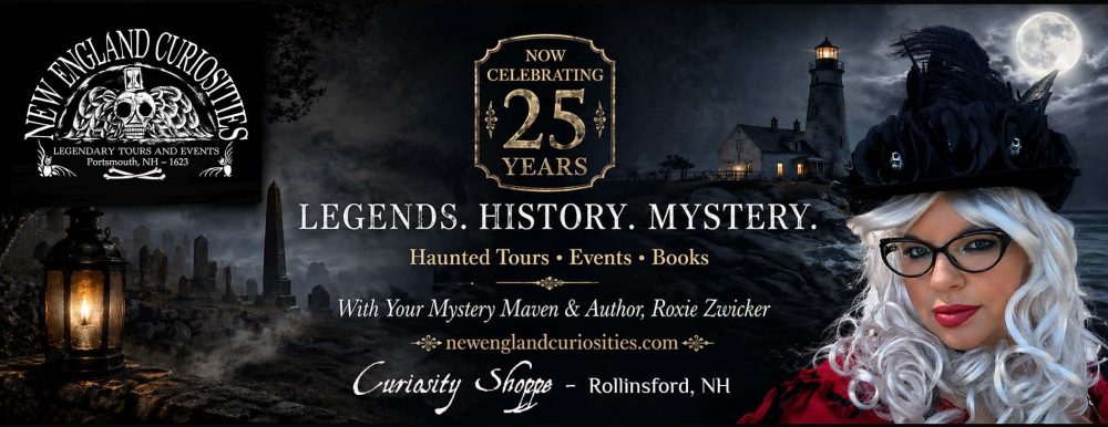 New England Curiosities 25th anniversary banner with Rosie Zwicker in witch hat.