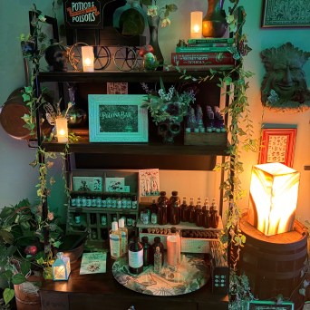 A decorative shelf with magical potions, candles, and green plants.