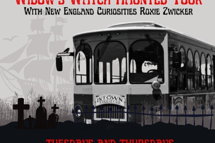 Poster for Intown Trolley's haunted tour with graveyard theme and trolley graphic.