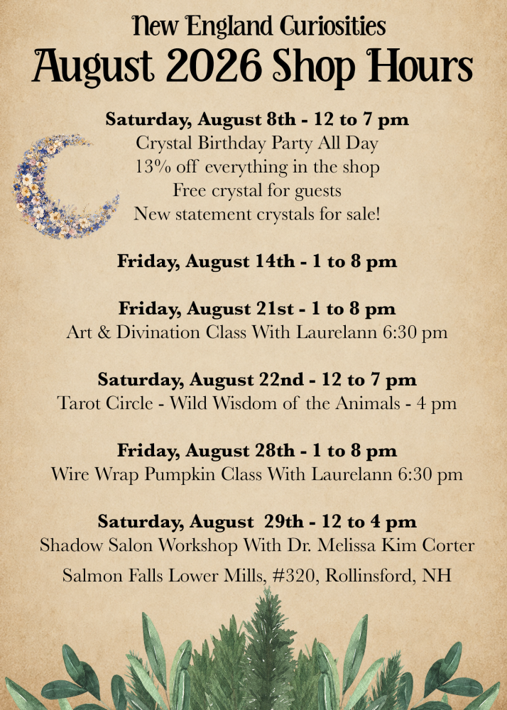 August 2026 shop hours and events list with decorative floral border.