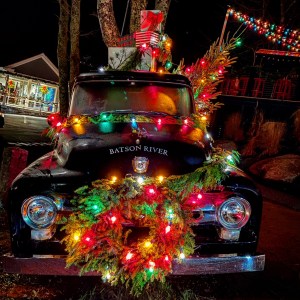 a christmas tree lit up at night